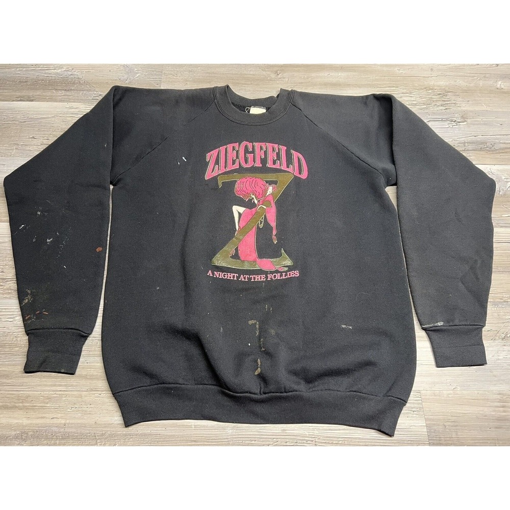Vintage Ziegfeld A Night At The Follies Sweatshirt Black Paint Splatter Size XL